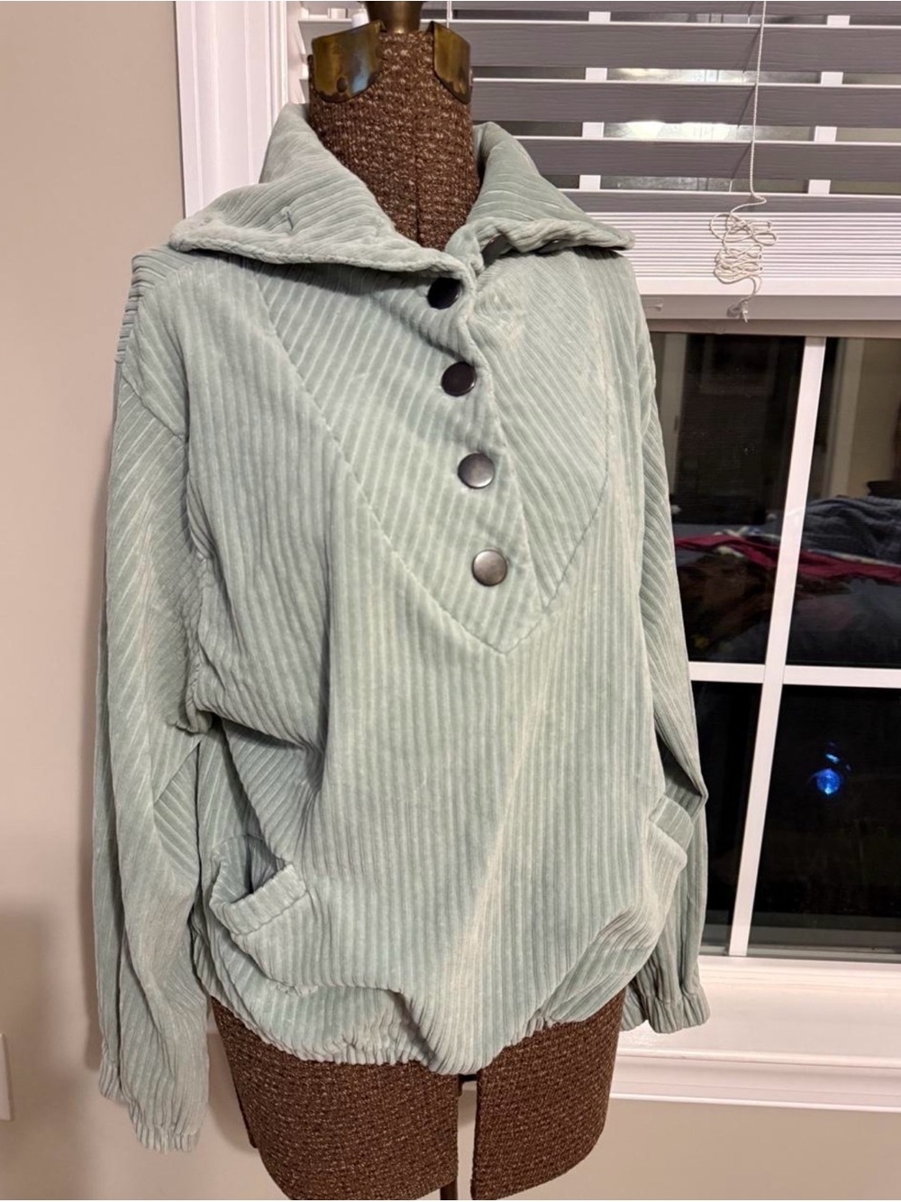 Free People Sage Green Corduroy Button Pullover